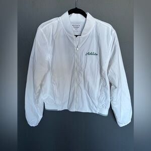 Athleta Women's White Crosscourt Bomber Jacket with green accents